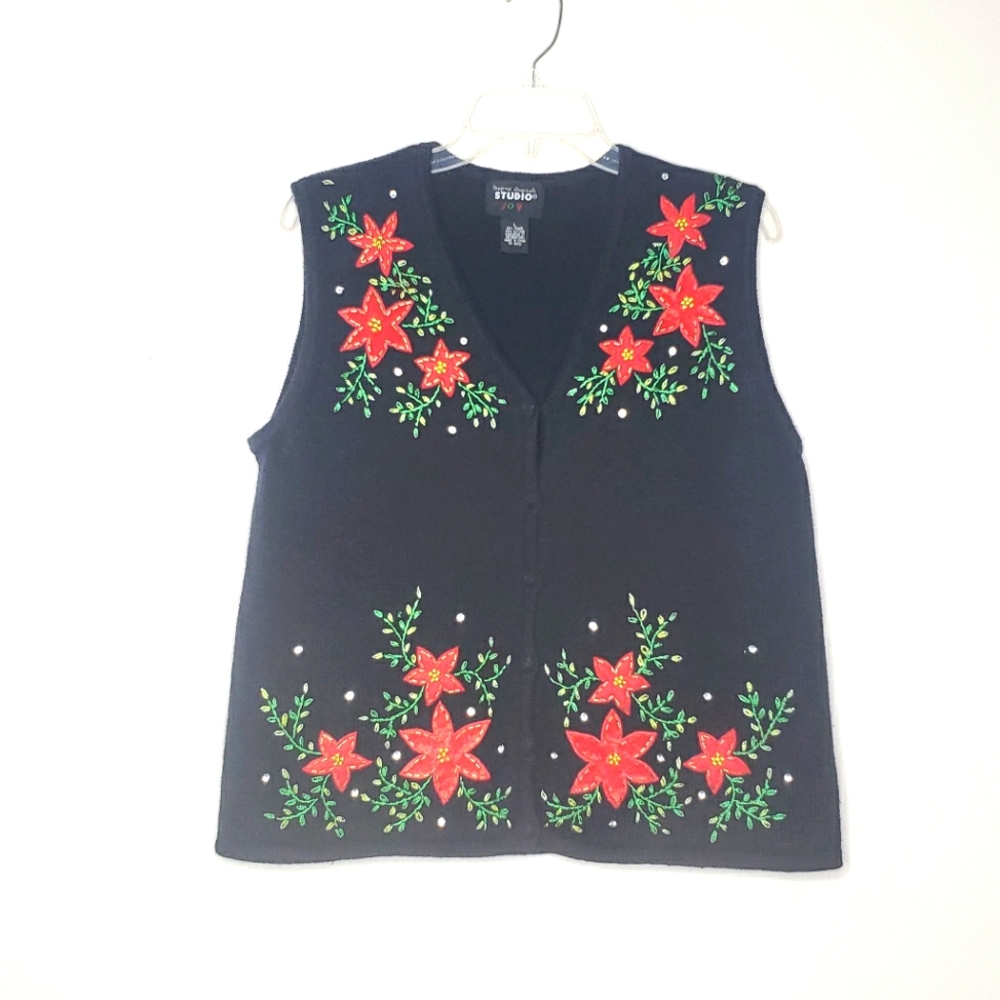 Designs Originals Studio Joy Velvet Poinsettia Ugly Christmas Vest Size Large